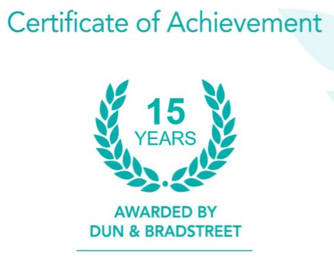 dun & bradstreet certificate of achievement for 15 years.